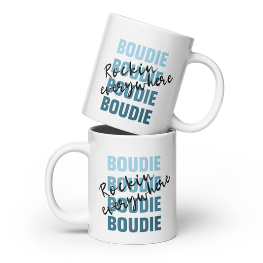 Boudie Rockin' Everywhere Blues White glossy mug